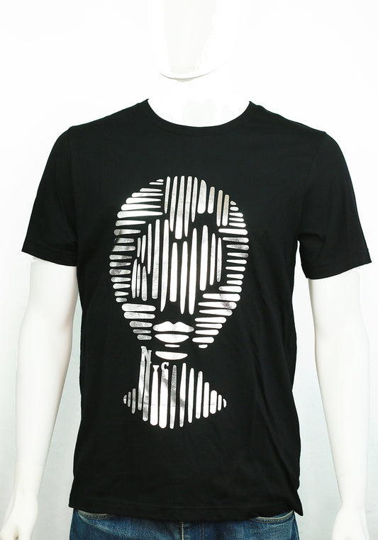 Black t-shirt Woman Face abstract design with silver-foiled print