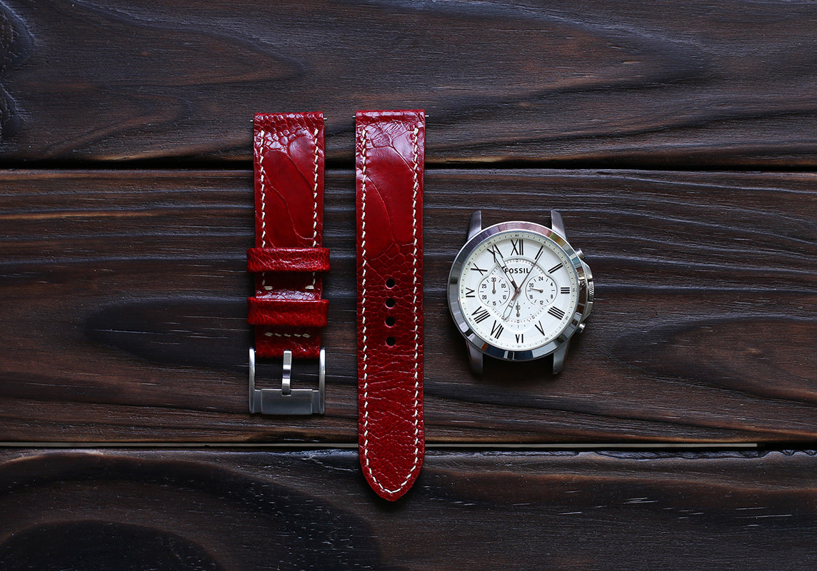 Leather watch strap red ostrich leg Rapp