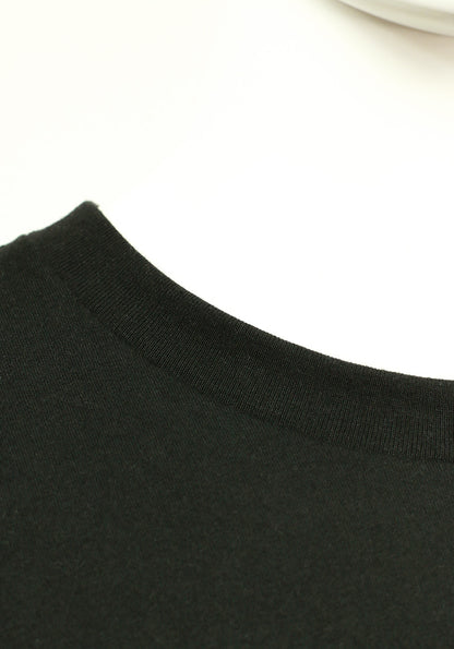 Close-up collar of a black printed t-shirt by Rapp Label