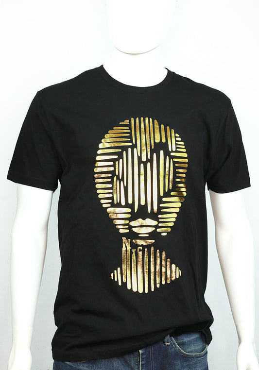 Black t-shirt with gold foiled geometric face design