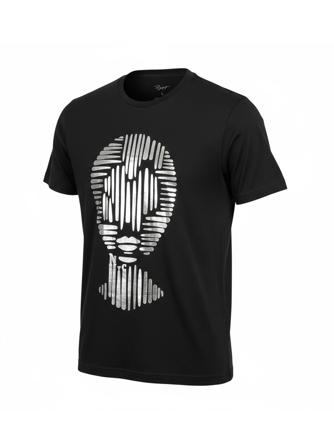 Unisex black t-shirt Woman Face abstract design with silver-foiled print