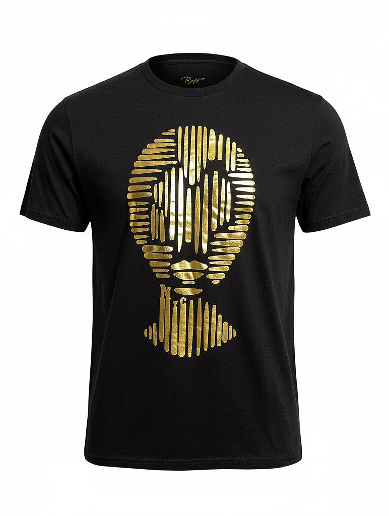 Unisex black t-shirt with gold foiled geometric face design