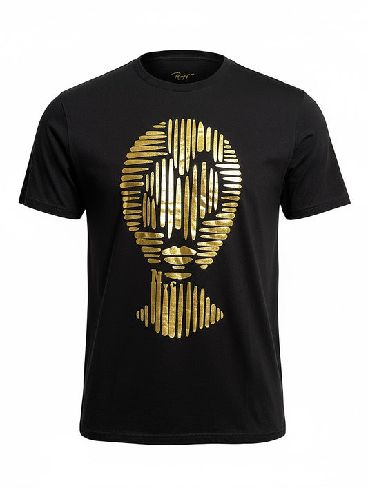 Unisex black t-shirt with gold foiled geometric face design