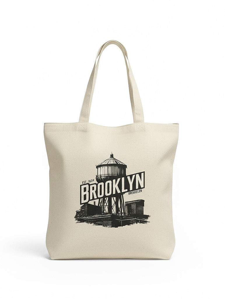 Cotton tote bag with black graphic design and 'Brooklyn' text