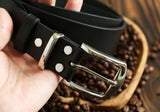 Black leather belt with nickel plated brass buckle