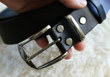 Black leather belt with nickel plated brass buckle