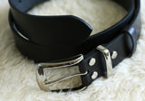 Black leather belt with nickel plated brass buckle