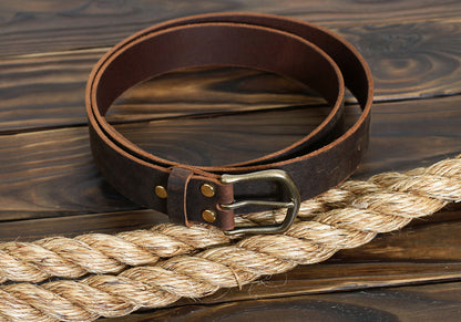 Leather belt with antique brass buckle - brown Crazy Horse