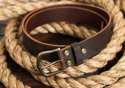 Leather belt with antique brass buckle - brown Crazy Horse
